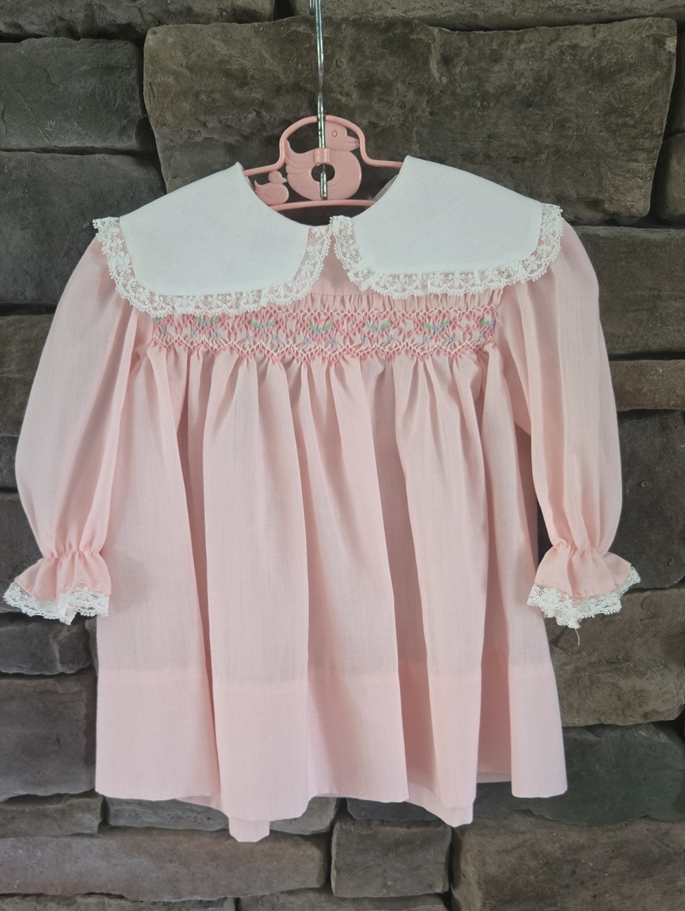 Polly Flinders Vintage Pink Smocked Baby Dress with White Lace Collar